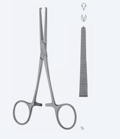 Зажими, гемостатичні, "Kocher-Ochsner", прямі, зубчасті, зубці 2 х 1, з кремальєрою, довжина 240 мм, 9 1/2". Бренд - Asanus Medizintechnik Gmb, Німеччина